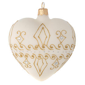 Heart Shaped Bauble in beige blown glass with gold decorations 100mm