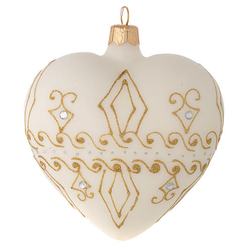 Heart Shaped Bauble in beige blown glass with gold decorations 100mm 1
