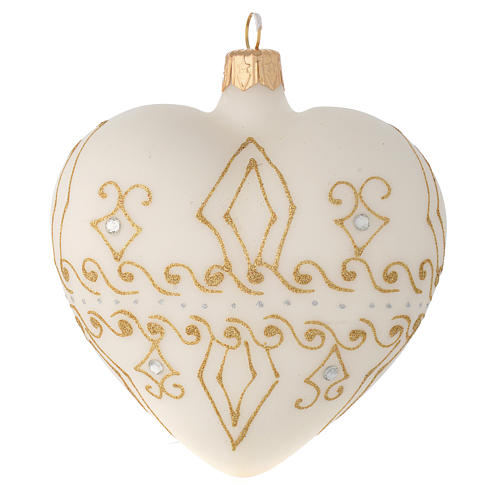Heart Shaped Bauble in beige blown glass with gold decorations 100mm 2