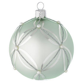 Bauble in sage green blown glass with pearls 80mm