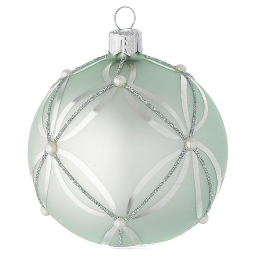Bauble in sage green blown glass with pearls 80mm 2