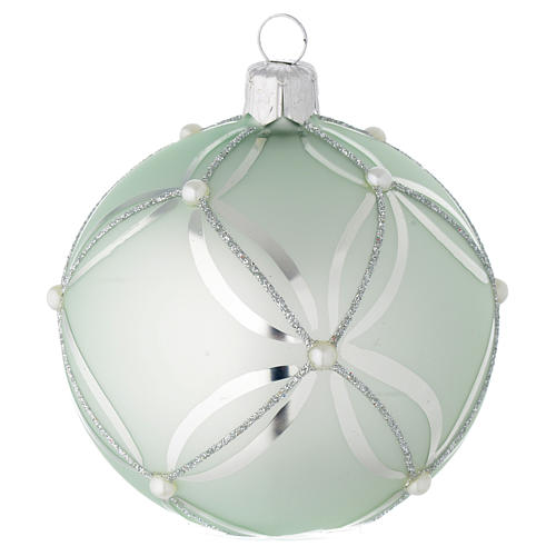 Bauble in sage green blown glass with pearls 80mm 1