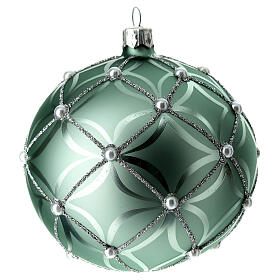 Bauble in sage green blown glass with pearls 100mm