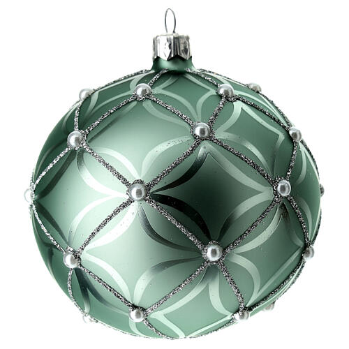 Bauble in sage green blown glass with pearls 100mm 2