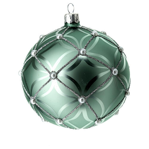 Bauble in sage green blown glass with pearls 100mm 4