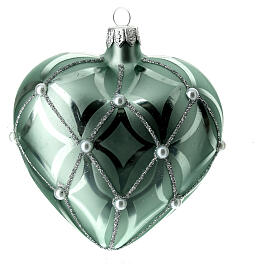 Heart Shaped Bauble in sage green blown glass with pearls 100mm