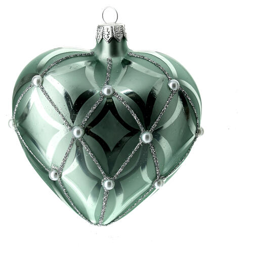 Heart Shaped Bauble in sage green blown glass with pearls 100mm 2