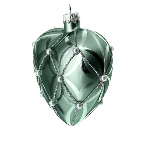 Heart Shaped Bauble in sage green blown glass with pearls 100mm 4