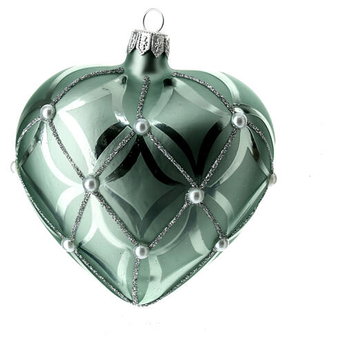 Heart Shaped Bauble in sage green blown glass with pearls 100mm 6