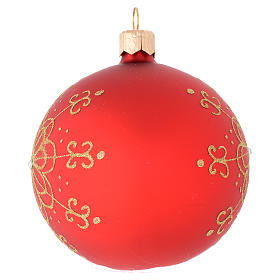 Weihnachtskugel aus mundgeblasenem Glas Grundton Rot mit goldenem Blütenmotiv 80 mm