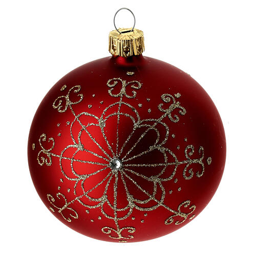 Weihnachtskugel aus mundgeblasenem Glas Grundton Rot mit goldenem Blütenmotiv 80 mm 6