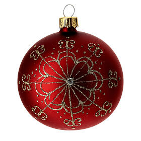 Bauble in red blown glass with golden flower 80mm
