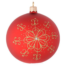 Weihnachtskugel aus mundgeblasenem Glas Grundton Rot mit goldenem Blütenmotiv 100 mm