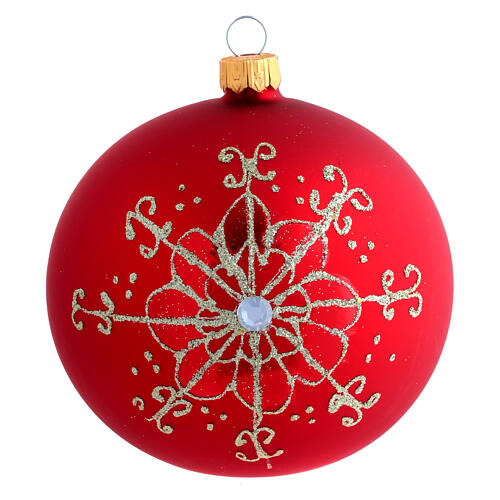 Weihnachtskugel aus mundgeblasenem Glas Grundton Rot mit goldenem Blütenmotiv 100 mm 1