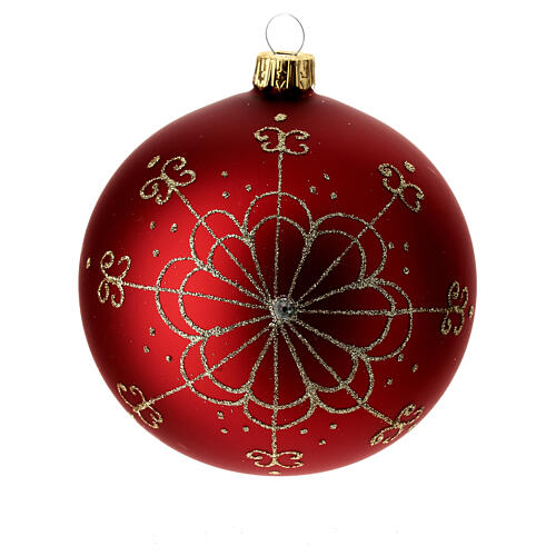 Bauble in red blown glass with golden flower 100mm 5