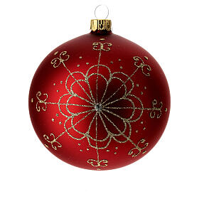 Bauble in red blown glass with golden flower 100mm