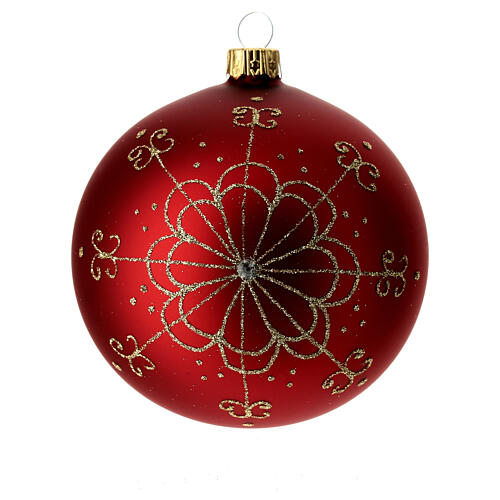Bauble in red blown glass with golden flower 100mm 1