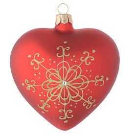 Heart Shaped Bauble in red blown glass with golden flower 100mm