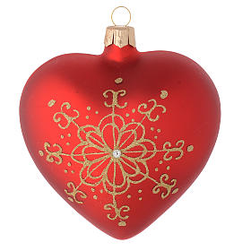 Heart Shaped Bauble in red blown glass with golden flower 100mm