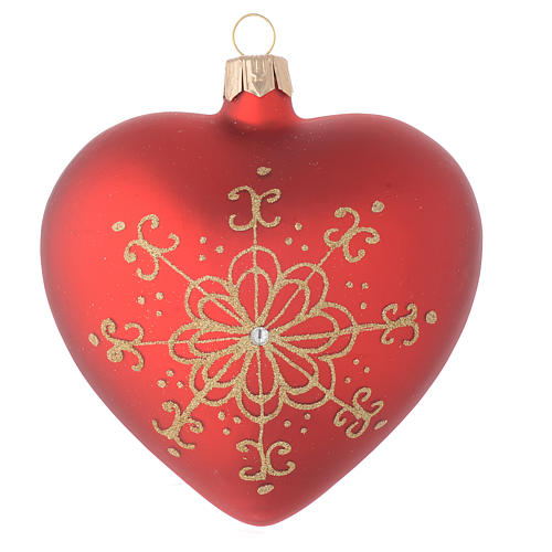 Heart Shaped Bauble in red blown glass with golden flower 100mm 1