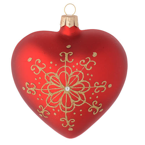Heart Shaped Bauble in red blown glass with golden flower 100mm 2