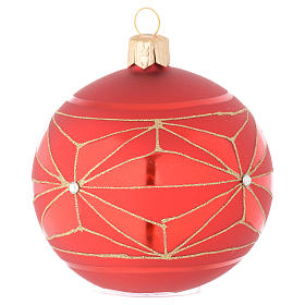 Bauble in red blown glass with geometric motif 80mm