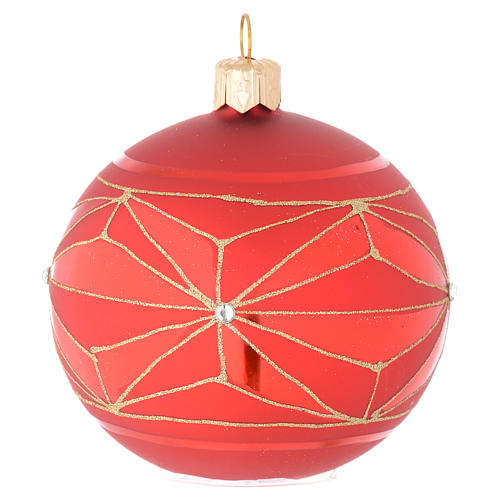 Bauble in red blown glass with geometric motif 80mm 2