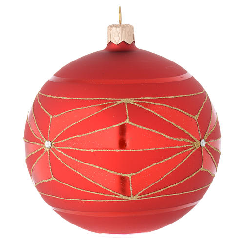 Bauble in red blown glass with geometric motif 100mm 2