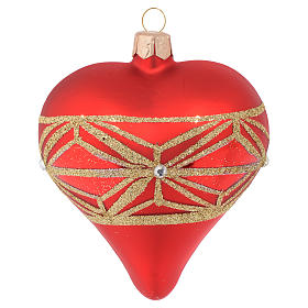 Weihnachtskugel aus mundgeblasenem Glas in Herzform Grundton Rot mit goldenem geometrischen Dekor 100 mm
