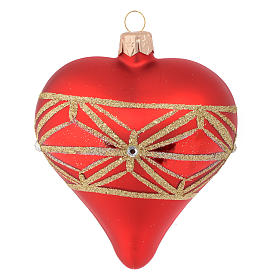 Weihnachtskugel aus mundgeblasenem Glas in Herzform Grundton Rot mit goldenem geometrischen Dekor 100 mm