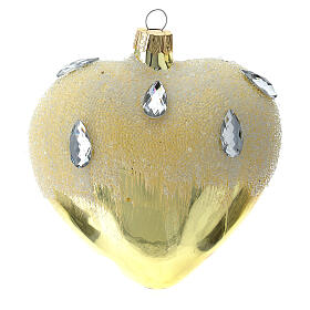 Weihnachtskugel aus mundgeblasenem Glas in Herzform Grundton Gold mit Eiseffekt-Dekoration 100 mm