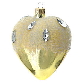 Weihnachtskugel aus mundgeblasenem Glas in Herzform Grundton Gold mit Eiseffekt-Dekoration 100 mm