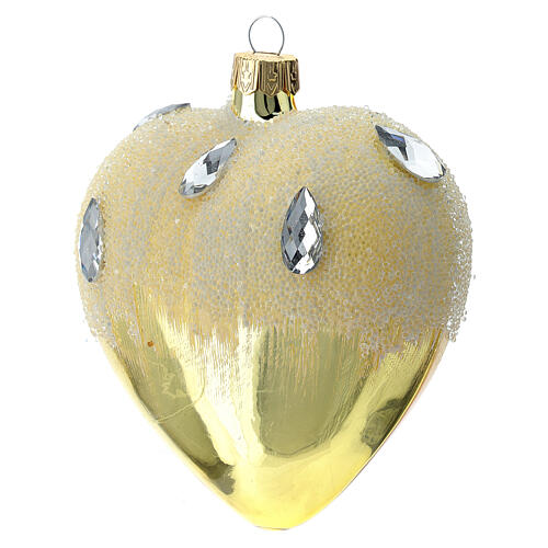 Weihnachtskugel aus mundgeblasenem Glas in Herzform Grundton Gold mit Eiseffekt-Dekoration 100 mm 2