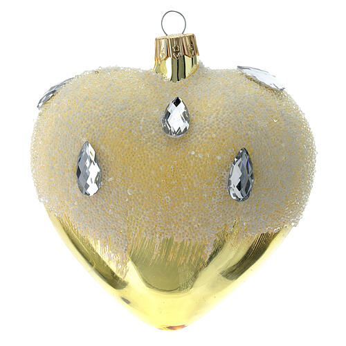 Weihnachtskugel aus mundgeblasenem Glas in Herzform Grundton Gold mit Eiseffekt-Dekoration 100 mm 3
