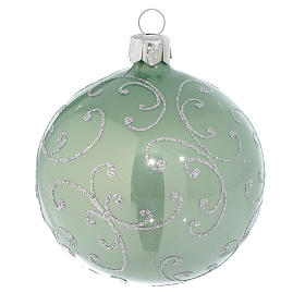 Bauble in pale green blown glass with silver decoration 80mm