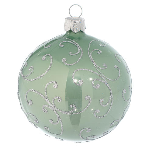 Bauble in pale green blown glass with silver decoration 80mm 1