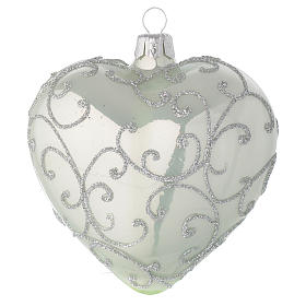 Heart Shaped Bauble in pale green blown glass with silver decoration 100mm
