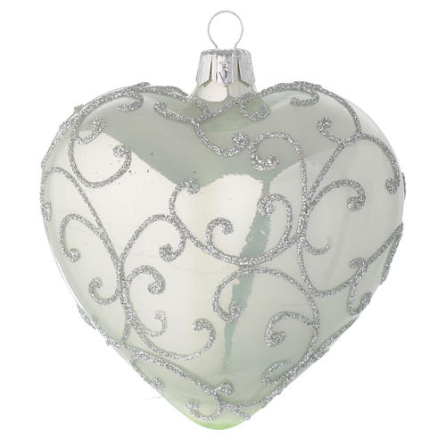 Heart Shaped Bauble in pale green blown glass with silver decoration 100mm 1