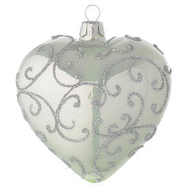 Heart Shaped Bauble in pale green blown glass with silver decoration 100mm