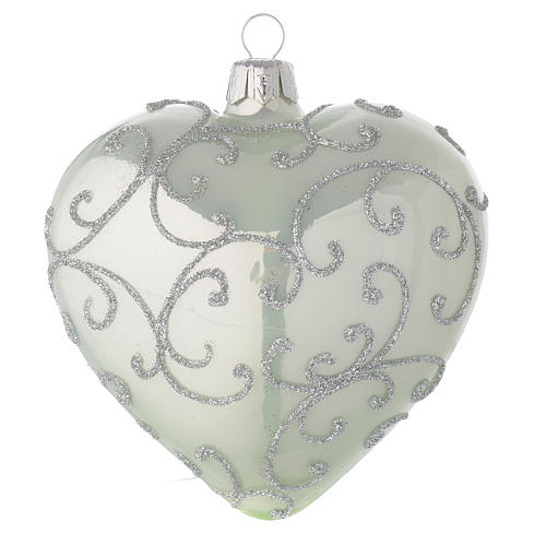 Heart Shaped Bauble in pale green blown glass with silver decoration 100mm 2