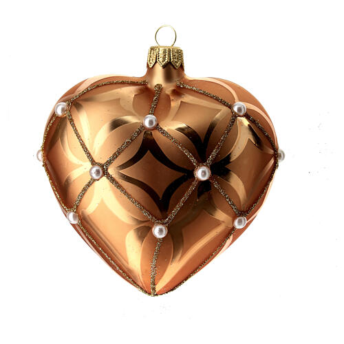 Heart Shaped Bauble in orange blown glass with pearl decoration 100mm 1