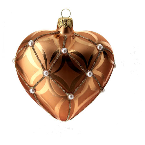 Heart Shaped Bauble in orange blown glass with pearl decoration 100mm 6