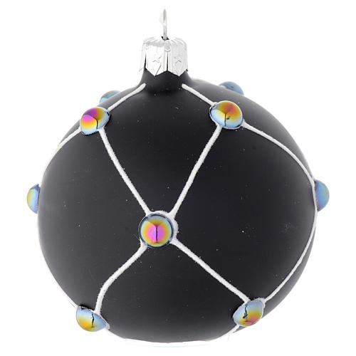 Bauble in satin black blown glass with stones 80mm 2