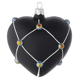 Bola de Navidad corazón de vidrio negro satinado y piedras 100 mm