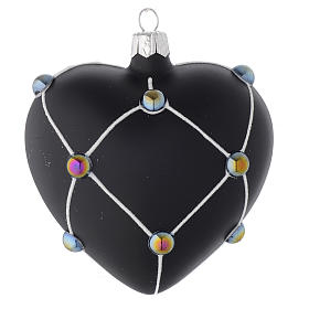 Bola de Navidad corazón de vidrio negro satinado y piedras 100 mm