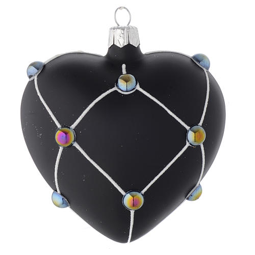Heart Shaped Bauble in satin black blown glass with stones 100mm 2