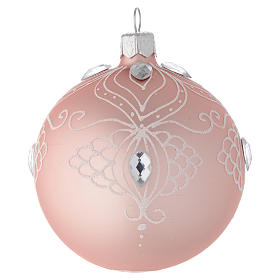 Bola de Navidad de vidrio rosa con decoraciones blancas 80 mm