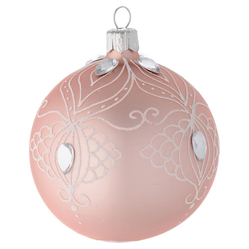 Bola de Navidad de vidrio rosa con decoraciones blancas 80 mm 2