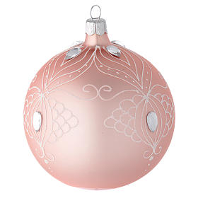 Bola árbol de Navidad de vidrio soplado rosa con decoraciones blancas 100 mm