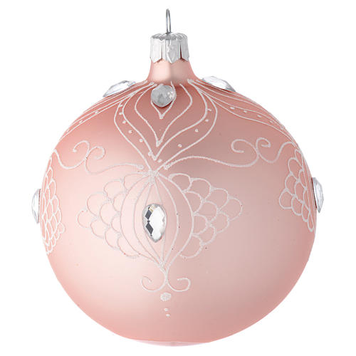 Bola árbol de Navidad de vidrio soplado rosa con decoraciones blancas 100 mm 1
